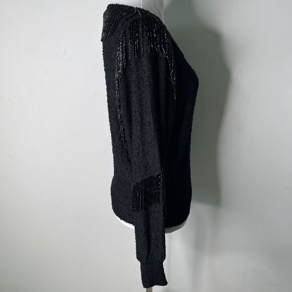 Lillie Rubin Women's Black Long Sleeve Round Neck Fringe Blouse Size Small - Picture 3 of 9